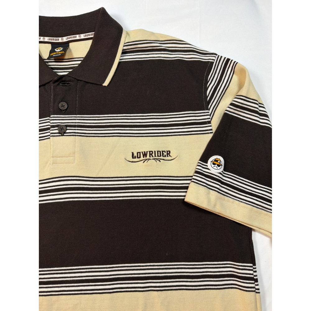Lowrider Mens Striped Polo Shirt Brown Tan Short Sleeve Embroidered Logo Medium